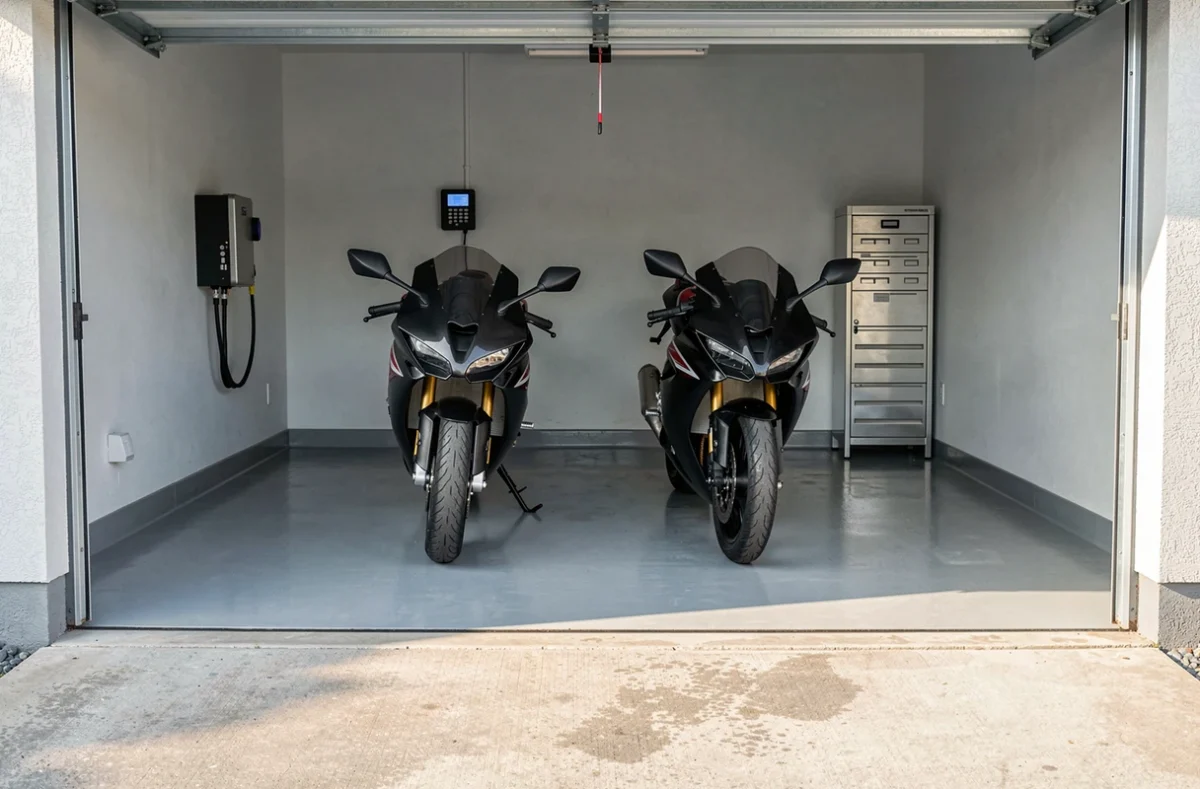 Vue intérieure d'un garage privé sécurisé avec deux motos garées, illustrant les enjeux de l'assurance pour un local moto