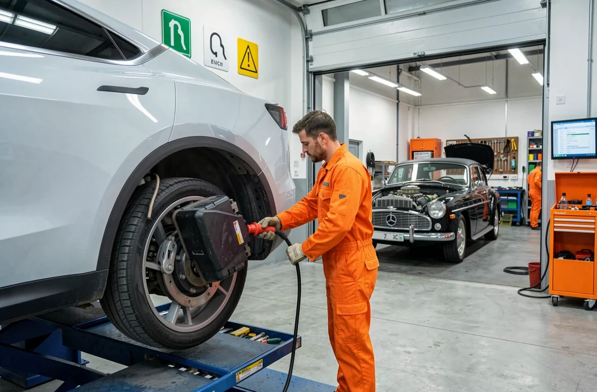 Mécanicien toutes marques de Garage Riv'auto intervenant sur la batterie d'un véhicule électrique aux côtés d'une voiture thermique classique