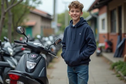 Garçon de 14 ans inspectant un scooter d'occasion dans un marché