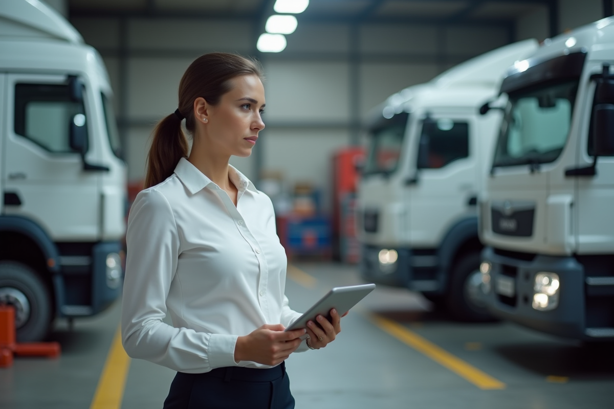 Jeune femme gestionnaire contrôlant une flotte de véhicules diesel