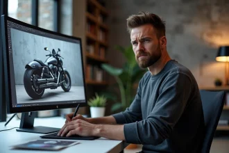 Graphiste examinant une simulation de covering moto mal alignée sur un écran de studio professionnel