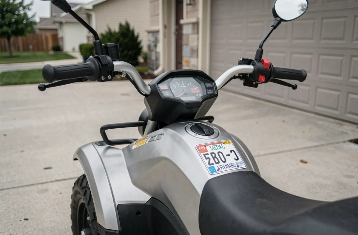 Gros plan sur le guidon et la plaque d'immatriculation d'un quad 50 cm3 garé devant un garage