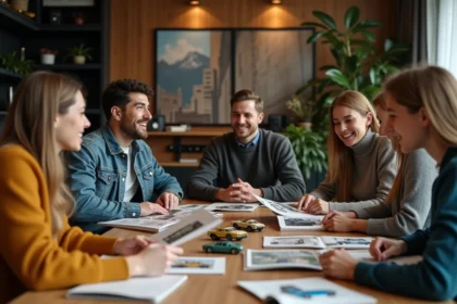 Groupe d'adultes en discussion dans un salon moderne