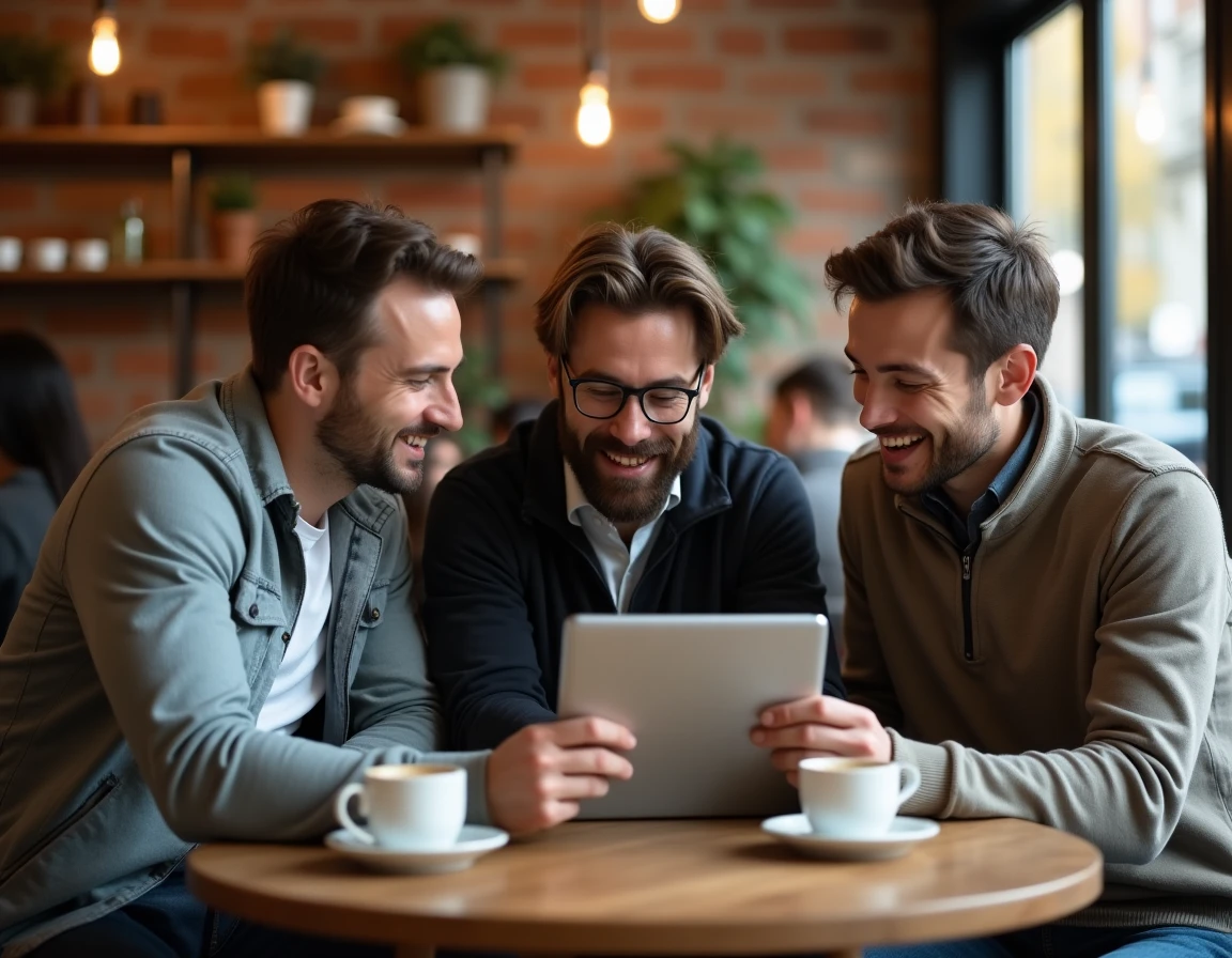 Groupe de passionnés d'automobile discutant d'articles Drive Actu autour d'une tablette dans un café