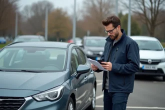 Homme consultant un guide automobile pratique à côté de sa voiture compacte dans un parking, alliant plaisir de conduite et budget maîtrisé