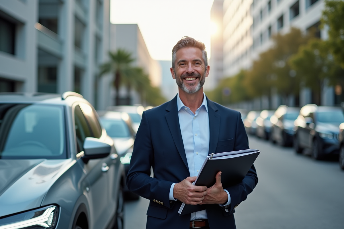 Homme d'affaires souriant à côté d'un véhicule d'entreprise