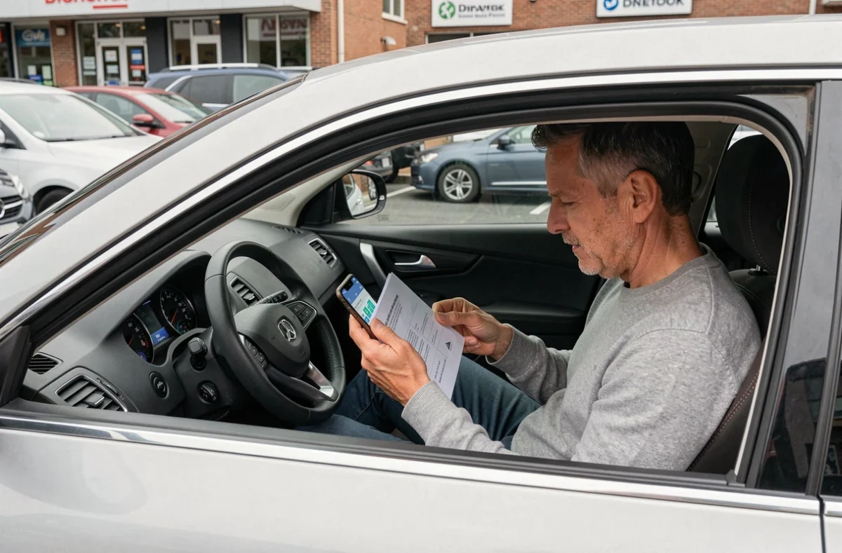 Homme consultant une application de comparaison d'assurance auto sur son téléphone assis dans sa voiture