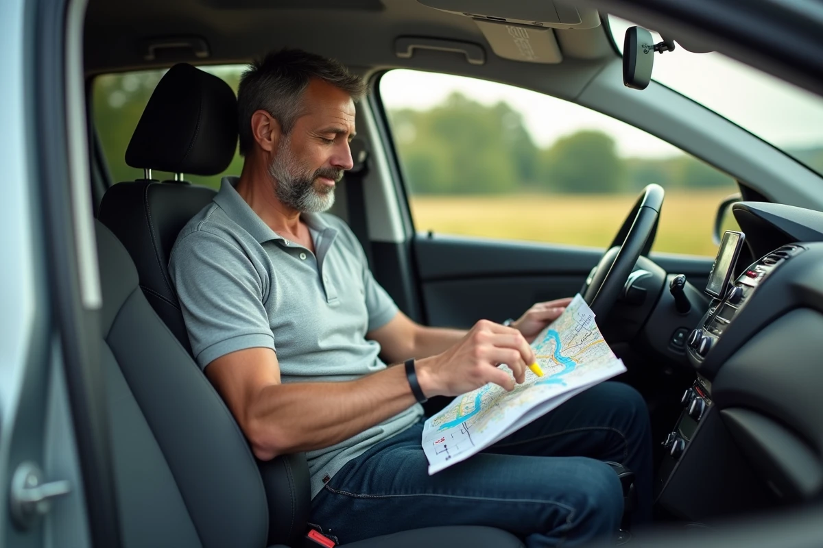 Homme comparant une carte autoroutière papier et une application GPS dans une voiture en France