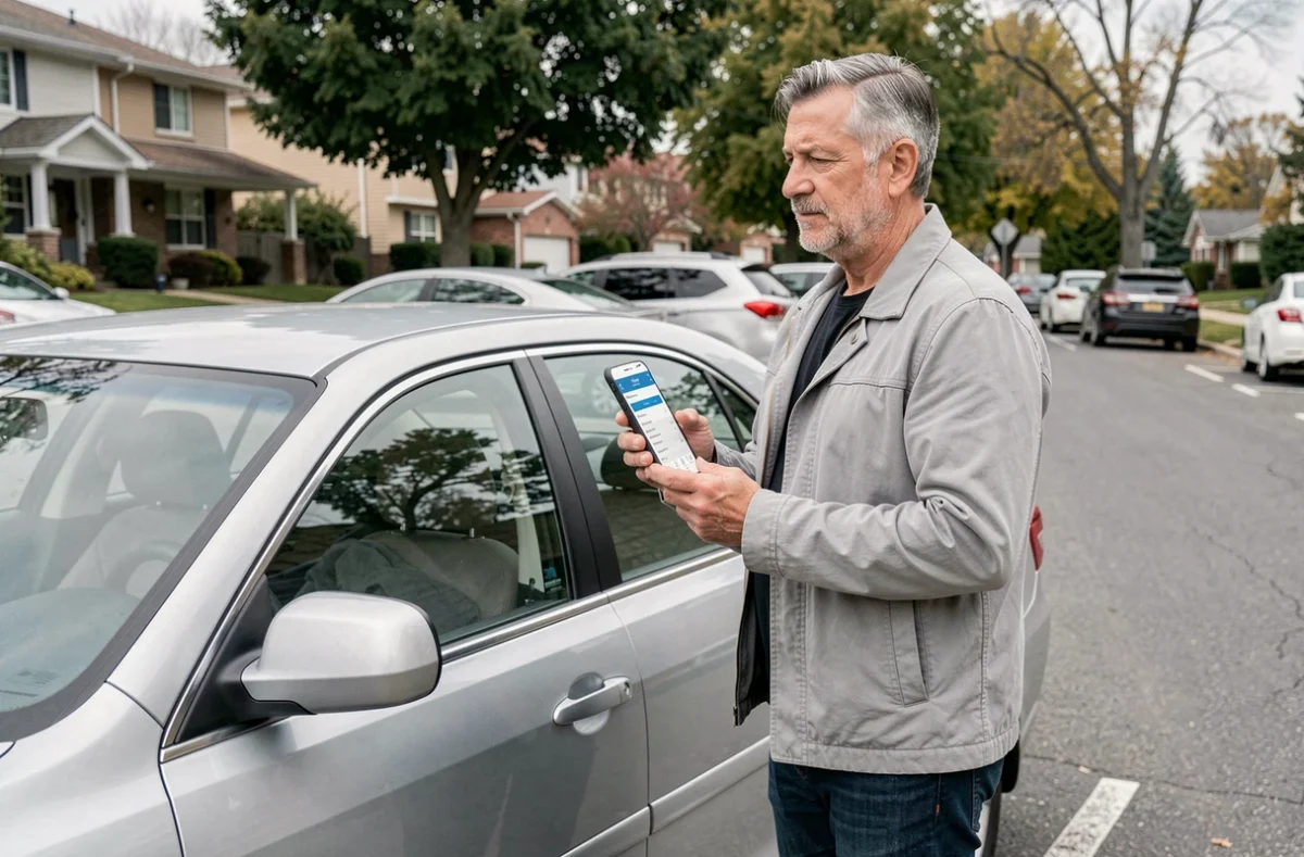 Homme comparant des offres d'assurance auto sur smartphone devant sa voiture dans un quartier résidentiel