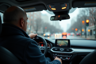Homme d'âge moyen au volant d'une voiture moderne sous pluie
