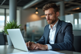 Homme confiant en bureau moderne avec ordinateur portable