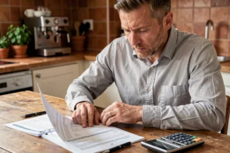Homme consultant son contrat d'assurance automobile avec franchise à la table de sa cuisine