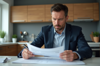 Homme d'âge moyen examinant des documents d'assurance voiture