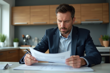 Homme d'âge moyen examinant des documents d'assurance voiture