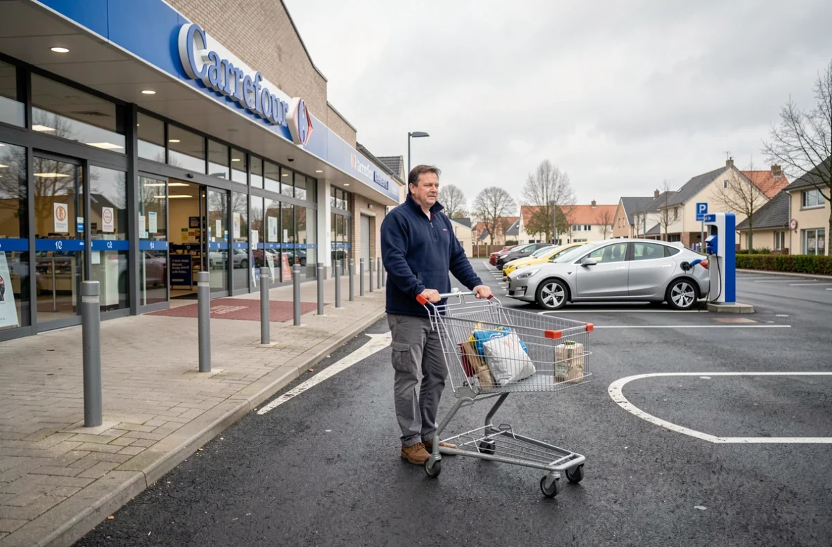 Homme sortant du supermarché Carrefour avec un caddie plein pendant que sa voiture électrique se recharge