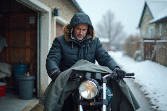 Homme en veste isolante couvre sa moto avec une bâche en hiver