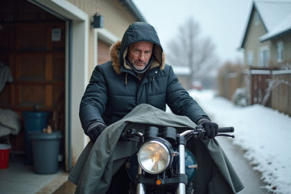 Homme en veste isolante couvre sa moto avec une bâche en hiver