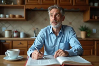 Homme d'âge moyen résolvant un crossword dans une cuisine chaleureuse