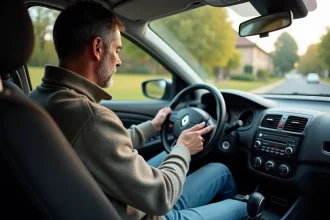 Homme de 40 ans entrant un code radio dans une voiture Renault