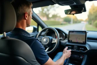 Homme dans sa voiture utilisant le GPS avec concentration
