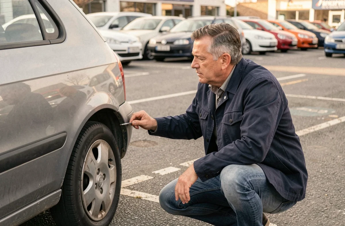 Homme inspectant une voiture d'occasion dans un concessionnaire français, examinant la carrosserie avec attention