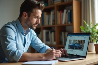 Homme consultant une liste de voitures sur un site web depuis son bureau à domicile avec un ordinateur portable