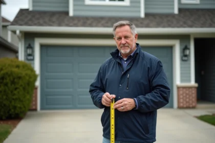 Homme mesurant l'espace devant son garage résidentiel