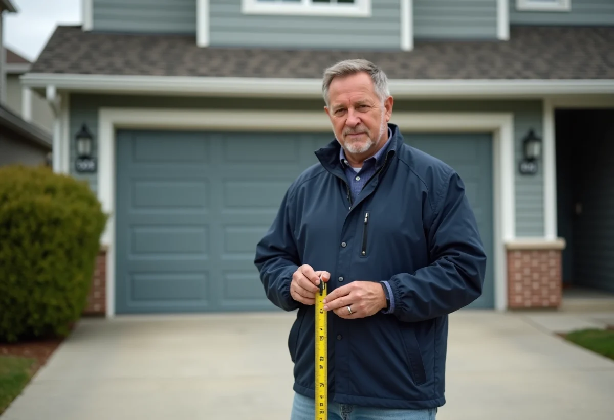 Homme mesurant l'espace devant son garage résidentiel