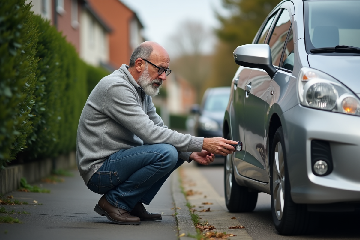 Homme installant un traceur sur une voiture dans un quartier résidentiel