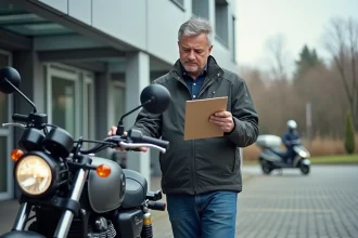 Homme moto vérifiant un carnet d inspection à côté de sa moto