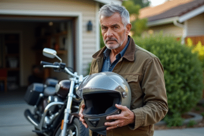 Homme d'âge moyen examinant un casque moto usé