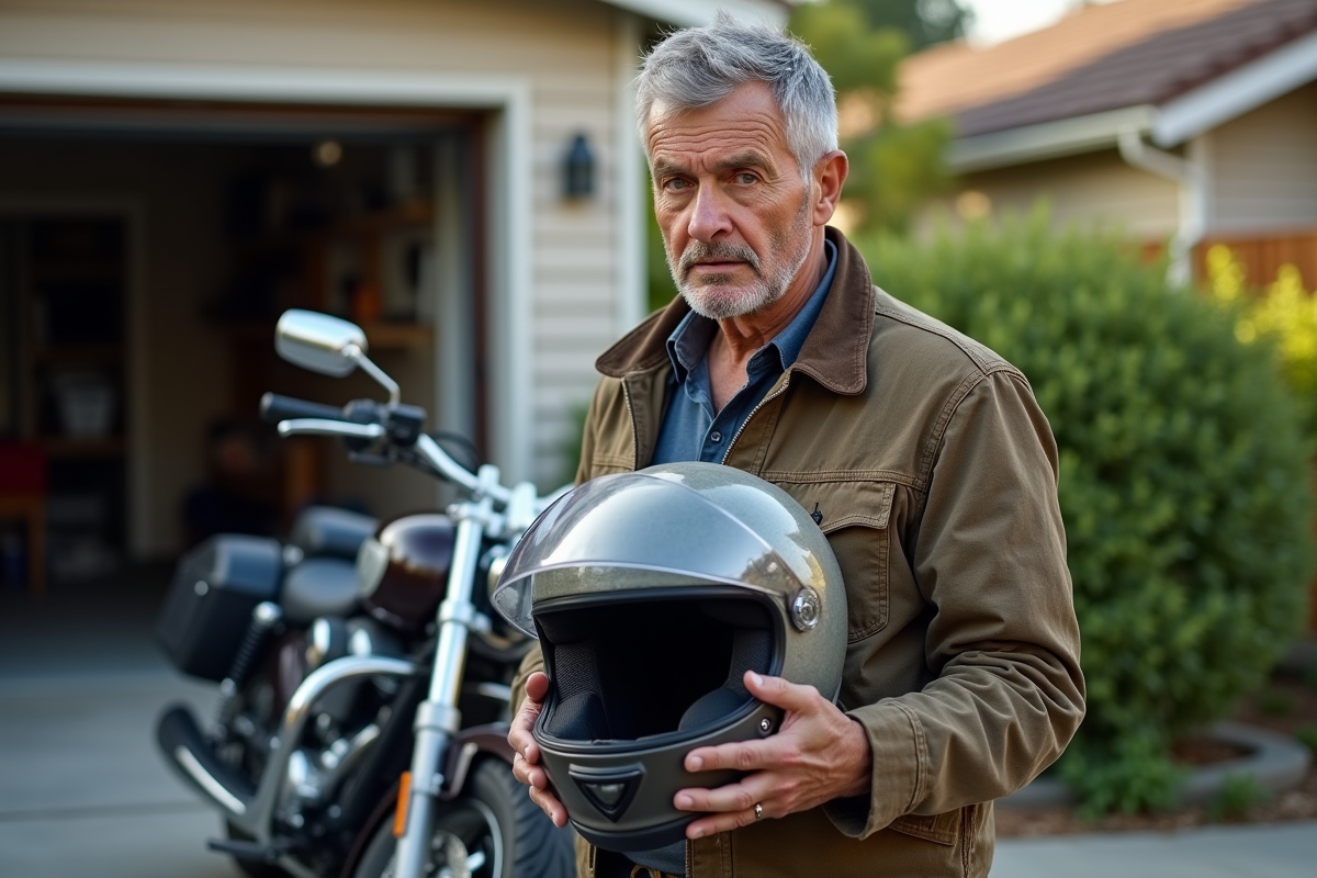 Homme d'âge moyen examinant un casque moto usé