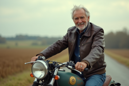 Homme âgé à côté d'une moto vintage dans la campagne