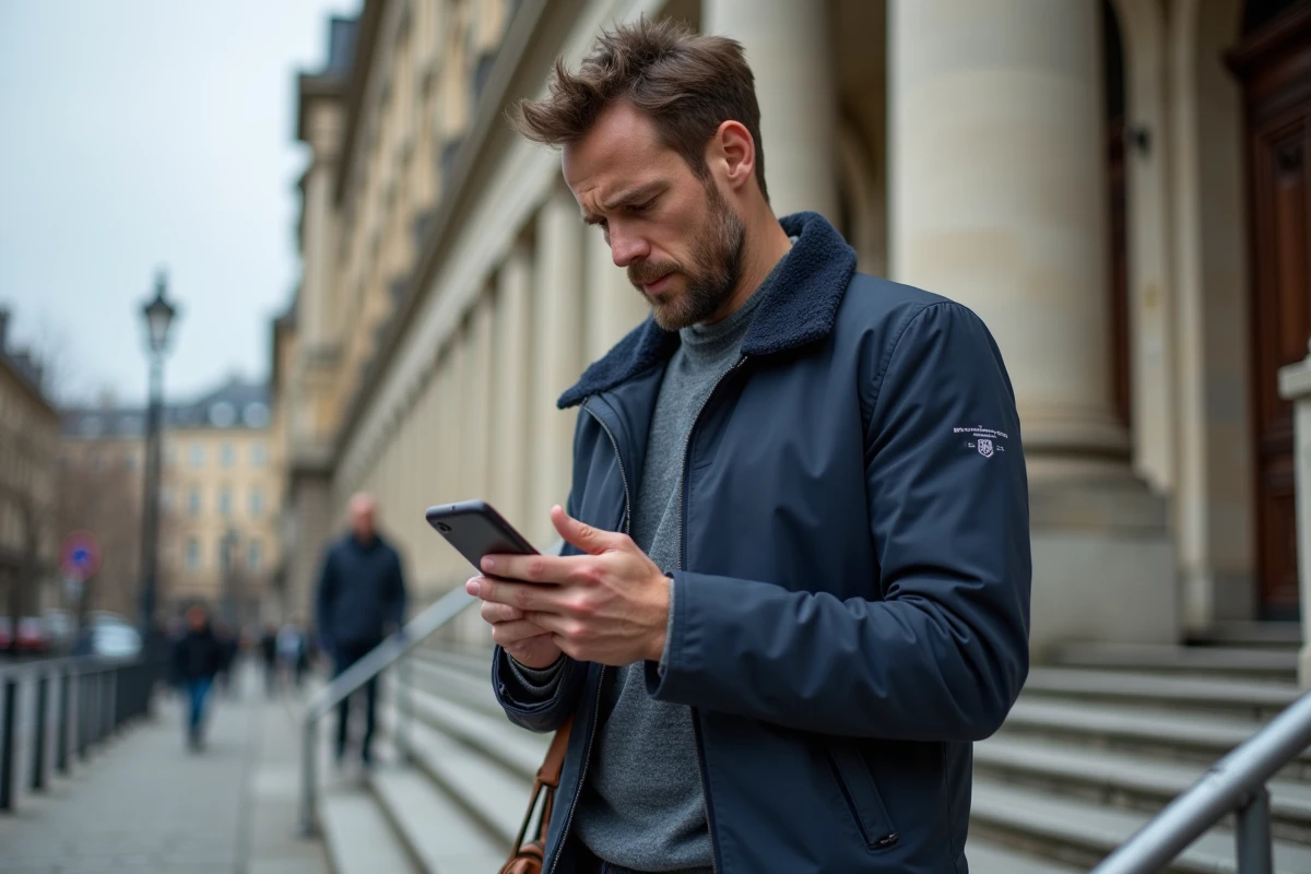 Homme vérifiant son numéro NEPH sur smartphone devant une préfecture pour connaître son résultat d'examen de permis