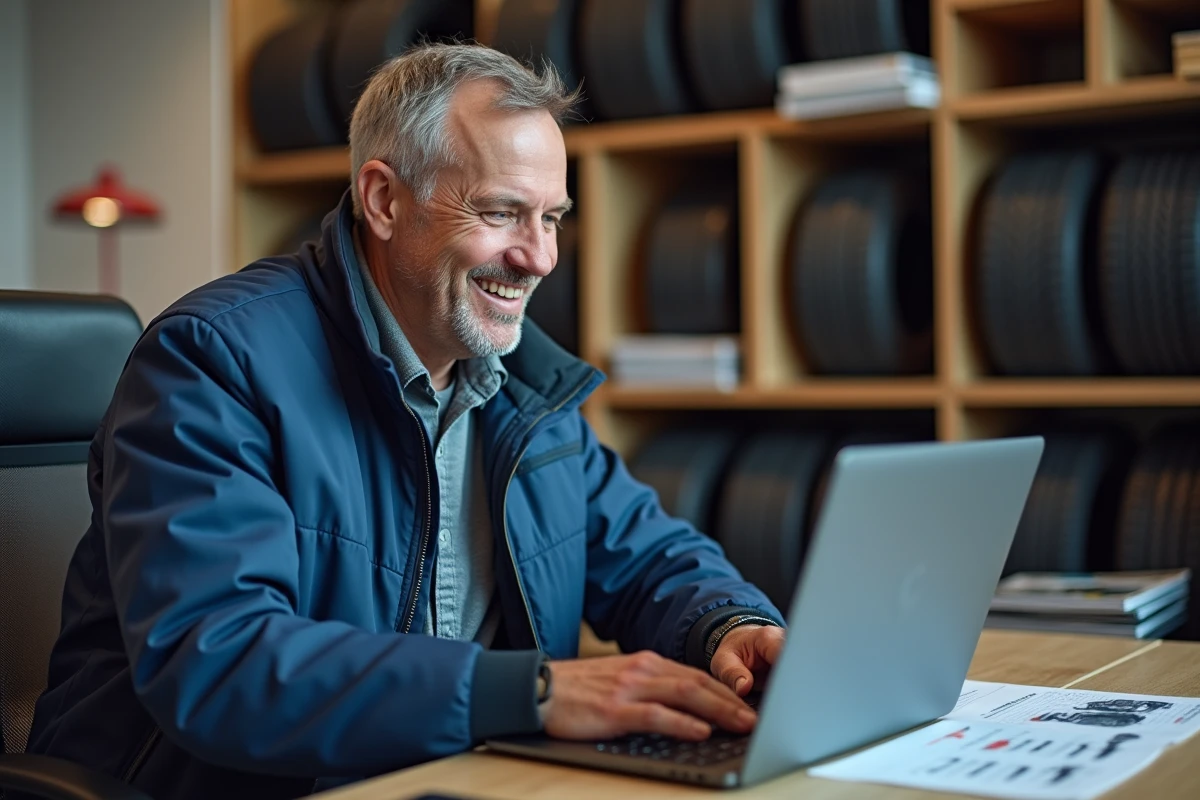Homme souriant utilisant Pifauto pour vérifier pneus