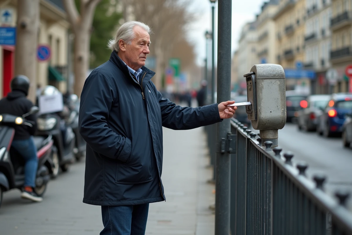 Homme âgé insérant un ticket dans un parcmètre parisien