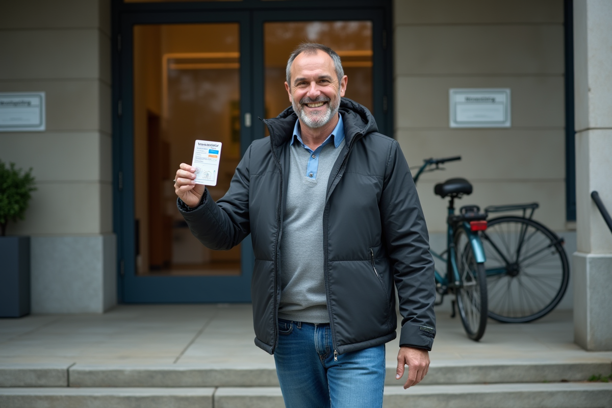 Homme sortant avec son permis de conduire dans une ville