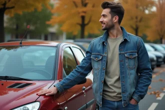 Homme regardant la Peugeot 206 en extérieur dans un parking