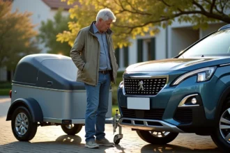 Homme vérifiant l'attelage d'une Peugeot 3008 SUV avec remorque