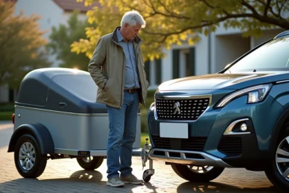 Homme vérifiant l'attelage d'une Peugeot 3008 SUV avec remorque