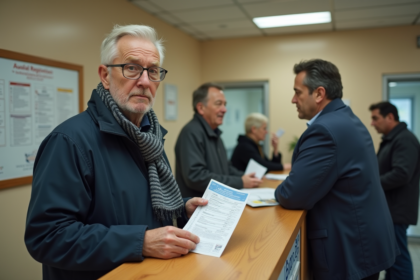 Homme d'âge moyen au bureau de poste avec documents