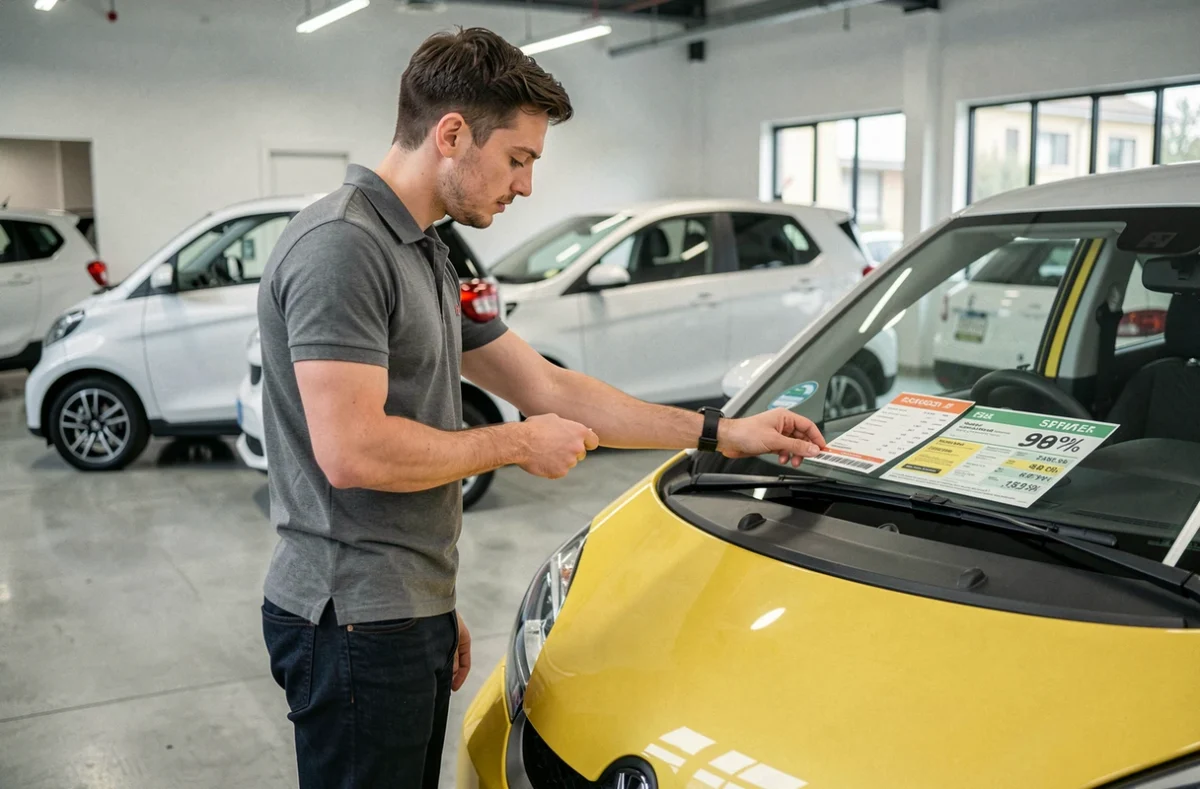Homme consultant le prix d'une voiturette électrique jaune dans une concession