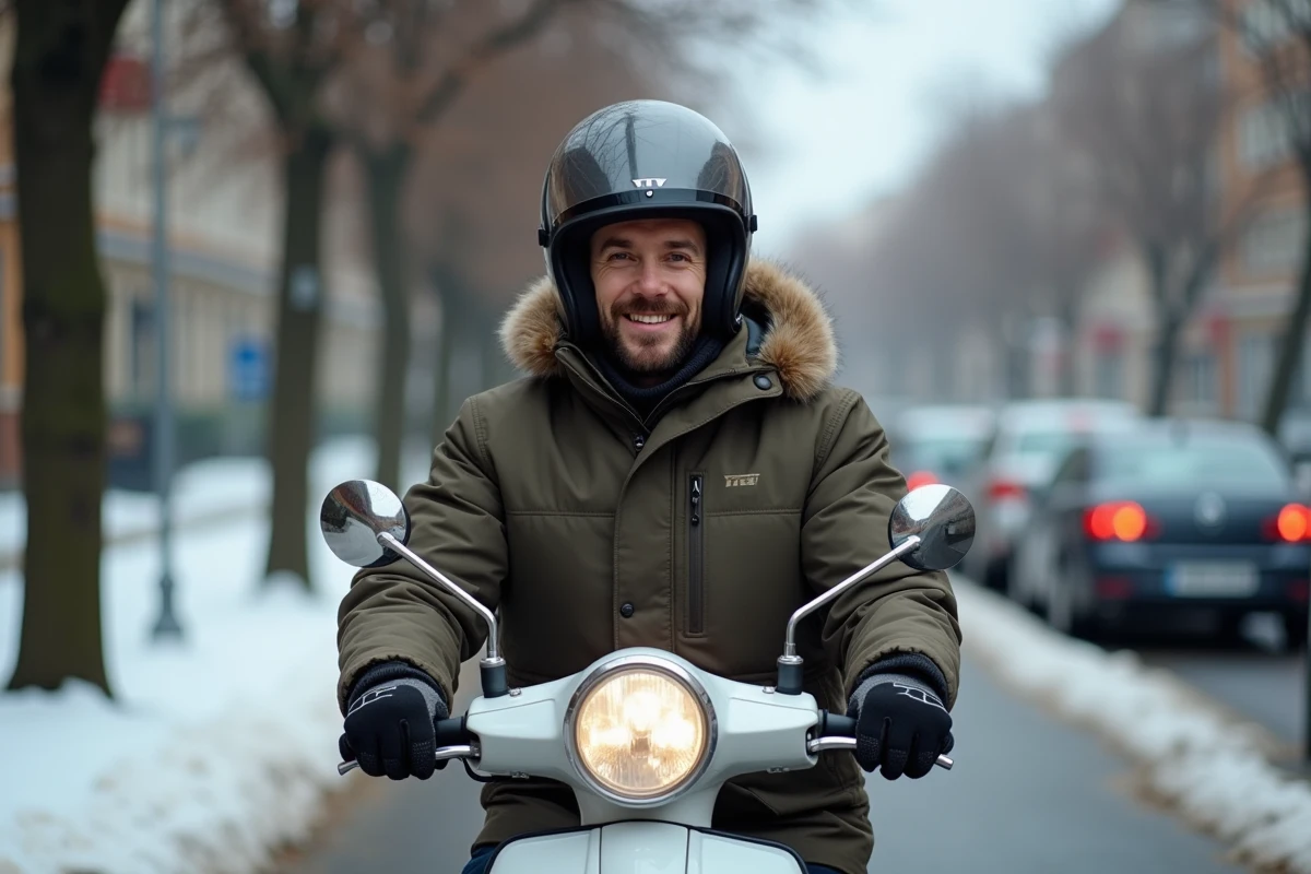 Homme en hiver sur scooter en ville avec casque et gants