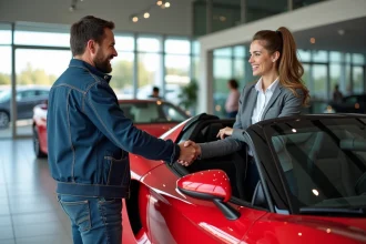 Homme souriant serre la main d'une vendeuse devant une voiture rouge