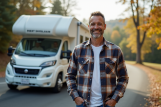 Homme souriant près d'un camping-car blanc à New York
