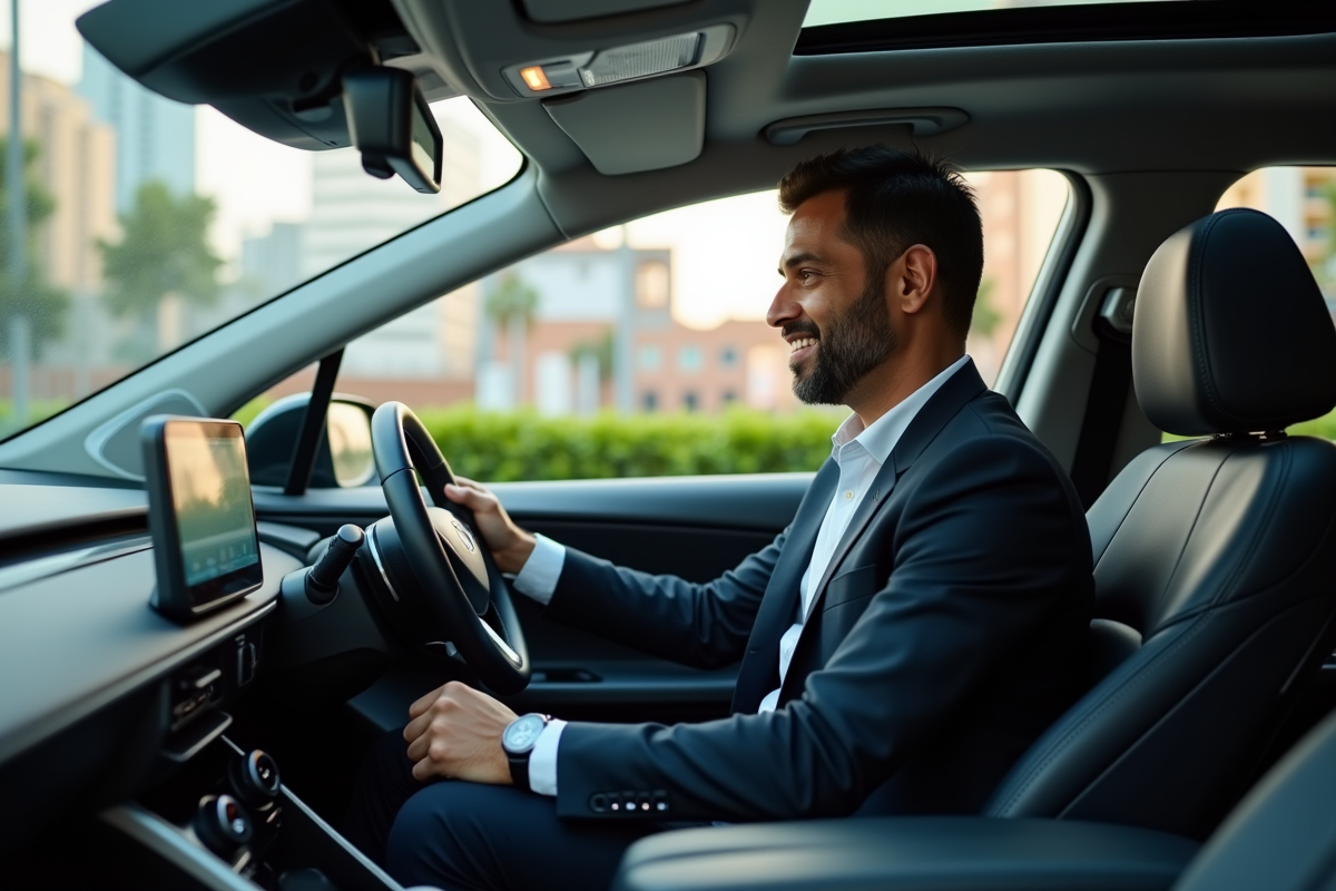Homme sud-asiatique dans une SUV électrique au chargeur