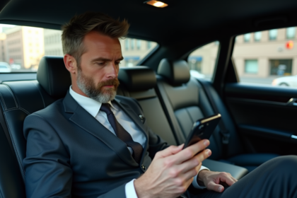 Homme en costume dans une voiture de luxe vérifiant son reçu
