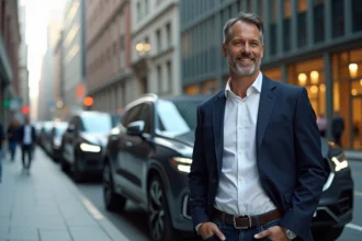 Homme confiant avec SUV en ville moderne