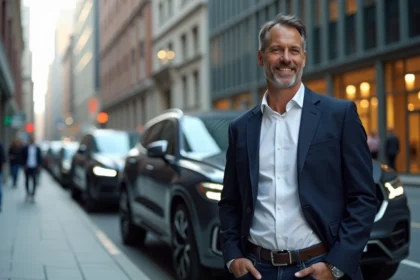 Homme confiant avec SUV en ville moderne