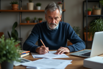 Homme français concentré sur ses papiers à domicile